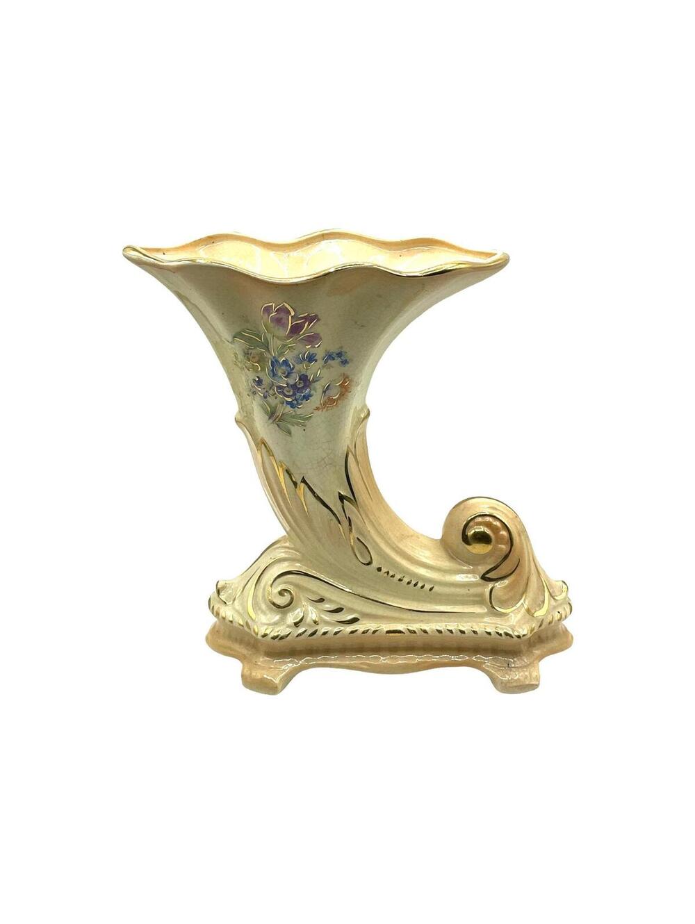 Vintage Ceramic Cornucopia Vase: Beige Floral Planter with Gold Trim